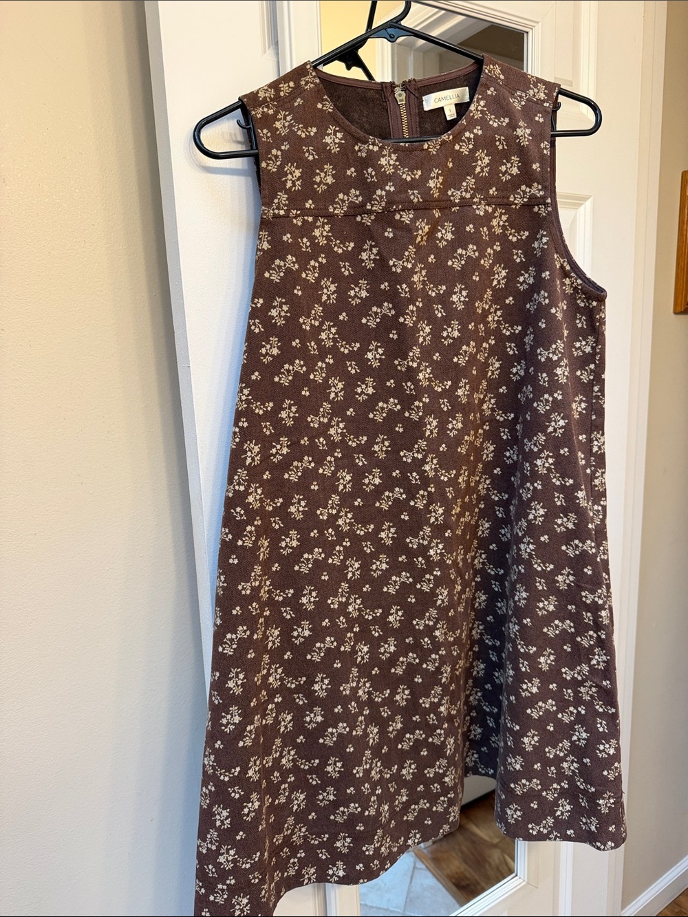 Brown Denim Floral Sleeveless A-Line Dress